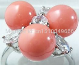 FREE SHIP >>>>>Pink Coral 3 Beads Crystal Ring size: 6.7.8.9
