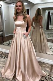 2019 Satin Prom Dresses Long Strapless A-line Semi Formal Gowns Beaded Pockets Evening Party Dress