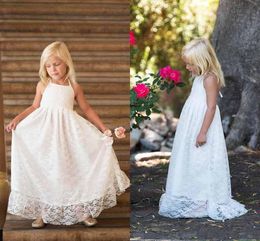 Cheap Ivory Simple Flower Girls For Weddings Jewel Halter Neck Sleeveless Lace Applique Girl's Pageant Dresses Birthday Gown