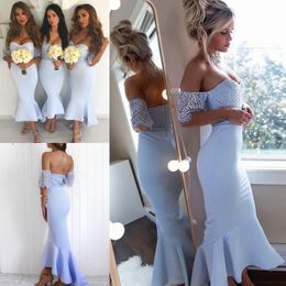 Elegant Off Shoulder Bridesmaid Dresses For Wedding Lace Top Mermaid Maid Of Honour Dress Zipper Back High Low Cheap Bridesmaid Dress