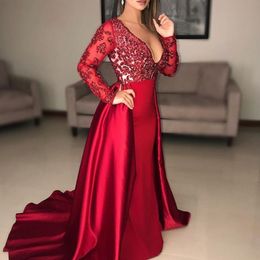 Sexy Deep V-Neck Prom Dresses With Overskirt Beads Lace Applique Long Sleeve Satin Mermaid Party Dress Glamorous Dubai Saudi Evening Gowns