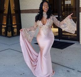 2019 Mermaid Prom Dress Sexy High Neck Appliques Deep V-neck Long Formal Holidays Wear Graduation Evening Party Gown Custom Made Plus Size