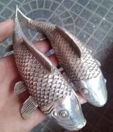 2pc Folk Tibetan Silver carvings a auspicious lifelike Wealth fish statue