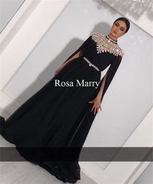 Sparkly Black Crystals Kaftan Abendkleider mit langen Ärmeln 2020 Yousef Aljasmi Plus Size Lange Chiffon High Neck Günstige Prom Kleider