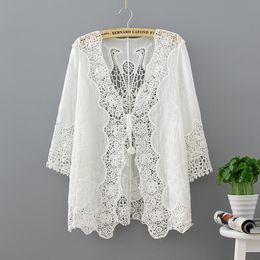 Hollow Out White Lace Blouse Kimono Summer 2018 Casual Loose Woman Shirt Fashion Half Sleeve Kimono Cardigan Blouses Women Tops