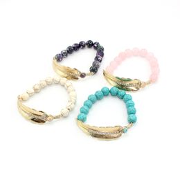 Fashion Gold Plated Leaf Bracelets Natural Stone Pink Crystal Turquoise Bead Bracelet For Women Brand Jewellery