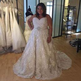 Gorgeous Plus Size A-line Wedding Dress Ruched Top Lace Skirt Sleeveless Custom Made Bridal Gowns with Crystals Court Train