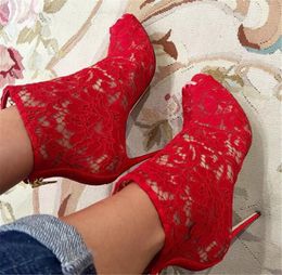 New Fashion Women Peep Toe Lace Mesh Thin Heel Short Boots Red Black Blue Green Suede Lace High Heel Ankle Booties Dress Shoes