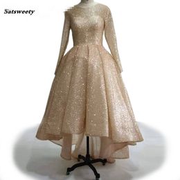 Fashion Women Long Sleeve High Low Evening Dress Champagne Sequine Prom Dress Short Front Long Back Party Dress