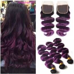 Peruvian Ombre Purple Human Hair Weaves Extensions with Closure Body Wave 1B/Purple Ombre 4x4 Lace Top Closure with 3Bundles 4Pcs Lot