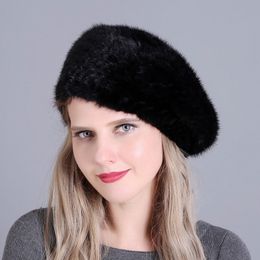 real knitted mink hat beret with wool lining winter lady 2018 fashion free shipping black white Grey brown Colour red 2018