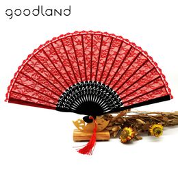 Free Shipping 1pcs Retro Lace Trim Bamboo Hand Fan Red Folding Hand Dancing Wedding Party Decor Fan Happy Gifts