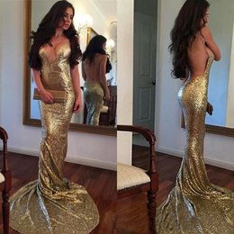 Gorgeous Gold Sequins Prom Dresses 2019 Mermaid Evening Gowns Backless Modest Long Prom Dresses Custom Cheap