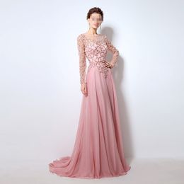 Blush Chiffon Long Sleeves Prom Dresses Custom Beads Crystals Evening Sweep Train A Line Party Gowns Robe De Mariée