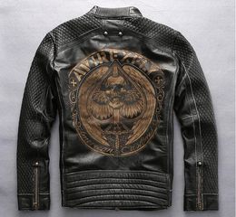 AVIREXFLY men vintage black leather jackets with Love peach skull head embroidery stand collar cow motorcycle jacket