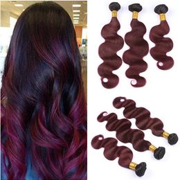 Cheap Brazilian Virgin Human Hair #1B/99J Ombre Wine Red Bundles Deals 3Pcs Body Wave Wavy Dark Root Burgundy Red Ombre Hair Weaves