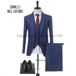 (Jacket+Vest+Pants) 2018 Custom Made Slim Fit Classic Mens Blue Wedding Suits With Pants Business Suit Formal Wear Groom Tuxedos For Men