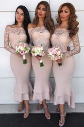 Bridesmaid Dresses 2020 Blush Pink Country Off Shoulder Beach Wedding Party Guest Dresses Arabic Junior Maid of Honor Dress Long Sleeves