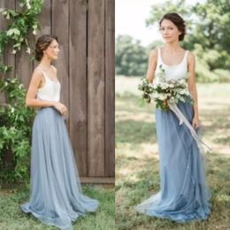 2019 Country Two Pieces Bridesmaid Dresses Scoop Neck A Line Floor Length White Satin Top Dusty Blue Tulle Maid of Honour Dresses Wedding