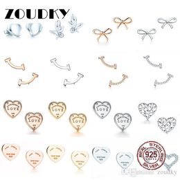 DORAPANG 100% 925 Sterling Silver Classic Sign Heart Shaped Stud Earrings Bow Stud Earrings Smile Earring Rose Gold 14 Gold Gift