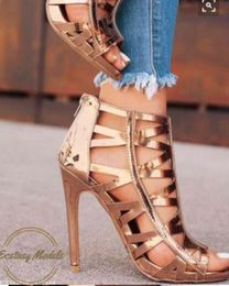 2018 fashion new summer sandals cuts out Sandals Summer peep toe party Shoes Woman Metallic leather sandals