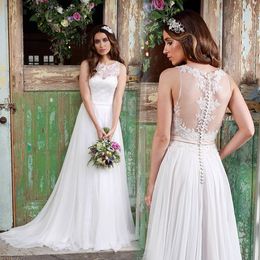 Garden Style Wedding Dresses Ivory Chiffon with Lace Wedding Dress Sheer with lace Applique Buttons Back Sweep train bridal Gowns Cheap