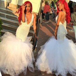 Deep V Neck Mermaid Wedding Dresses 2019 Spring Summer Sequins Backless Bridal Gowns Tulle Ruched Sweep Train Wedding Vestidos