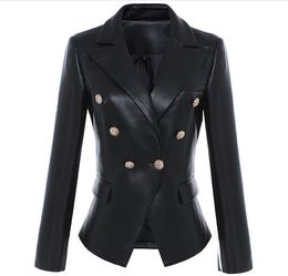 Women's Leather Faux New Style Top Quality Original Design Slim Classic Blazer Jacket Metal Buckles Double-breasted Black Motorcycle Coat