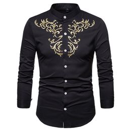 Men Embroidery Henley Shirt Mens Casual Dress Shirts Tops 2018 Brand New Mandarin Collar Long Sleeve Shirt Male Chemise Homme