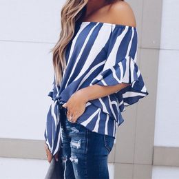 2018 Summer Fashion Women Irregular Chiffon Tops Casual Stripe Print Loose Shirt Sexy Off Shoulder Flare Sleeve Blouse