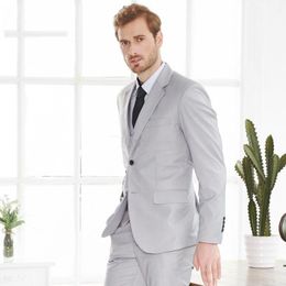 Side Vent Two Buttons Light Grey Wedding Groom Tuxedos Notch Lapel Groomsmen Mens Dinner Blazer Suits (Jacket+Pants+Vest+Tie) NO:1605