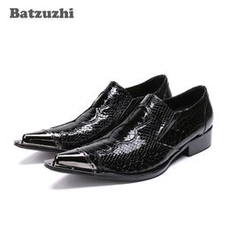 Pointed Metal Tip Mens Shoes Black Patent Leather Fish cales Pattern Leather Oxford Shoes Formal Business Leather Shoes Men Party