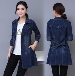 Autumn Women Casual slim Long Denim Trench Coat Female Boyfriend jean Overalls Plus Size Double-breasted Windbreaker coats y79