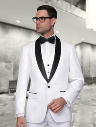 Brand New White Groom Tuxedos Excellent Men Wedding Tuxedos Black Shawl Lapel One Button Men Busines Party Suit(Jacket+Pants+Tie+Vest) 2006