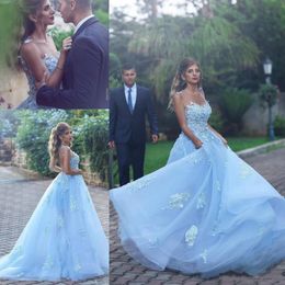 Arabic A Line Sky Blue Dresses Sheer Neck 3D Flowers Applique Beads Open Back Plus Size Pageant Party Dress Evening Gowns