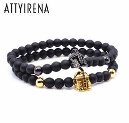 Black Matte Stone Bracelet Men Gold-color CZ Cubic Zirconia Gladiator Spartan Helmet Charm Bracelets Pulseras Hombre