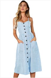 Long Sundress Sexxy Casual Spaghetti Strap Blue White Striped Button Down Mid Calf Dress Boho Vestido Female Size XL DLM610030