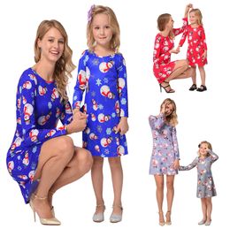 Family Matching Dress Outfits Mother And Daughter Matching Clothes Long Sleeve Christmas Snowmen Printed Mom And Me Christmas Dresses 4Color