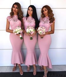 Romantic Mermaid Bridesmaid Dresses Cheap Ankel Length High Neck With Sleeves Lace Satin Wedding Guest Party Evening Dress Gown