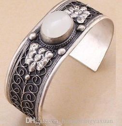 Charm White Moonstone Cuff Bracelet Tibet Silver Carved Flower