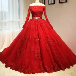 Delicate Red Ball Gown Quinceanera Dresses Off The Shoulder Long Sleeves Tulle Key Hole Back Corset Pink Sweet 16 Dresses Prom Dresses