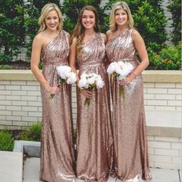 Rose Gold Sparkly Bridesmaid Dresses Sexy One Shoulder Sequined Floor Length 2018 Prom Dress Plus Size Dubai Maid of Honour Dress Party Gowns