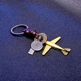 Fashion aircraft shaped trinket men keychain key chains locksmith Hand weaving cowhide bronze rucksack buckle car key ring gifts