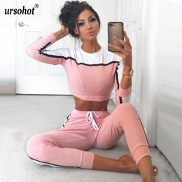 Ursohot Long Sleeve Crop Tops And Legging Two Piece Sets Women 2018 Autumn Winter Streetwear Patchwork Pink Sporty Women Suit D18103105