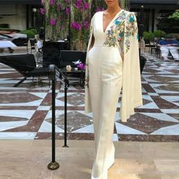 Personalized Long Jumpsuits for Women Formal Evening Dresses with Cape Turkish Women Robe V Neck Dubai Prom Dress Party Wear