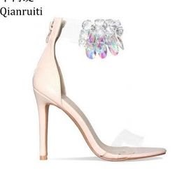 2018 Rose Gold Nude Leather High Heels Sandals Transparent PVC Ankle Strap Women Pumps Clear Crystal Thin Heels Women Shoes