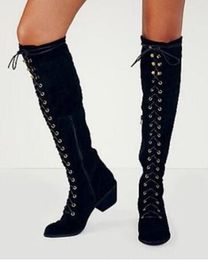 2018 Fall Winter vintage pointed toe lace up women knee high Boots fashion metal embellished shoes women med heel bottes femmes