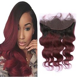 Body Wave #1B/99J Wine Red Ombre Ear to Ear 13x4 Lace Frontal Closure Virgin Brazilian Burgundy Ombre Human Hair Full Lace Frontals