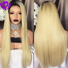 High quality silk straight blonde lace front wig Ombre Wigs Two Tone Natural Black roots synthetic lace front wig for black women