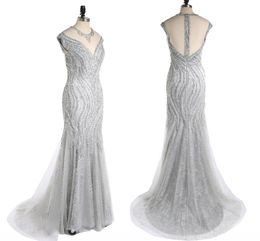 High-End Custom Pure Hand-Beaded Fashion Ball Evening Gown New Sexy Fishtail Package Hip Silver Grey Lace Ball Gown evening tube HY068